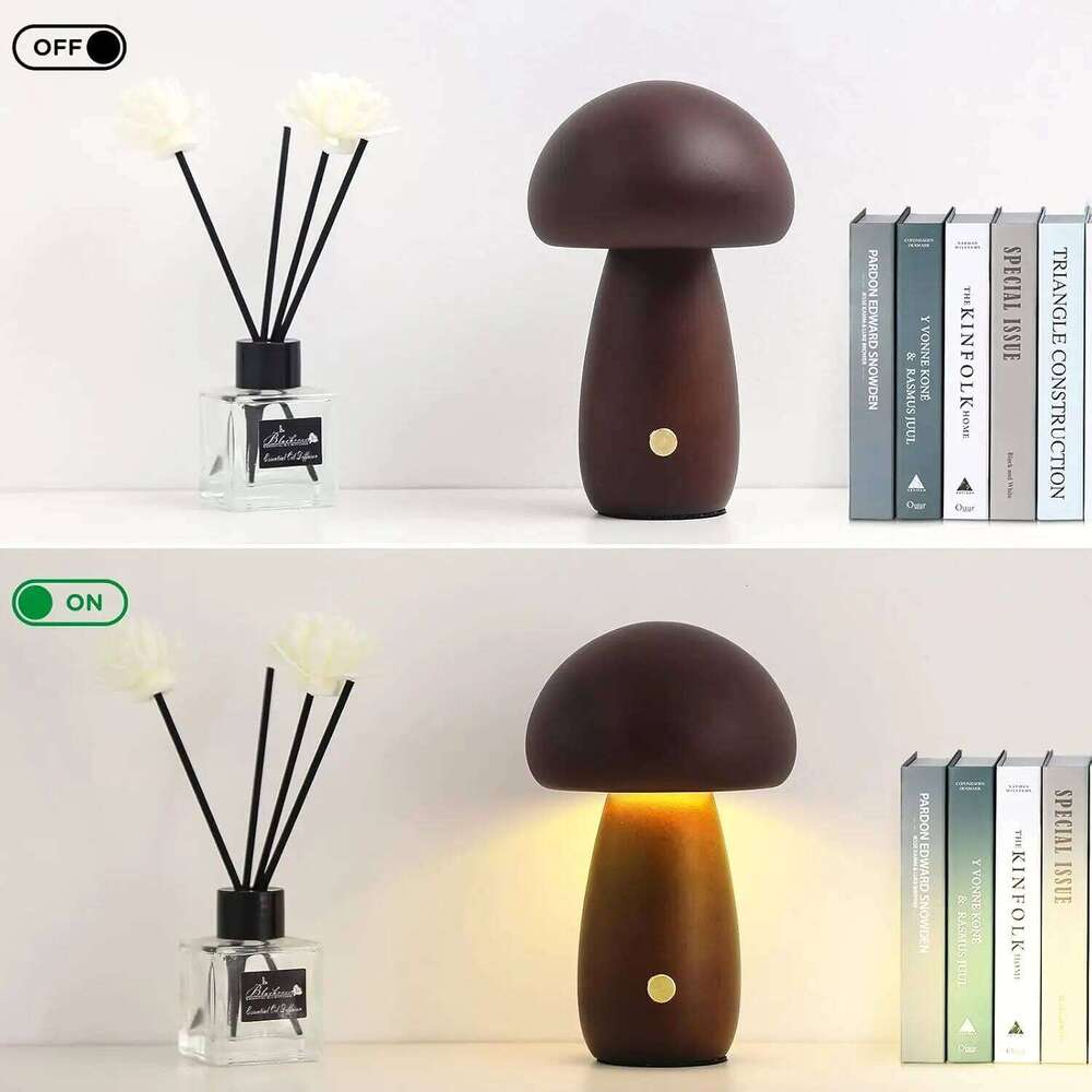 Wooden Creative Mushroom Night Light Stepless Dimming Bedside Table Lamp 3 Color Rechargeable Sleeping Nightlights For Room Z260227