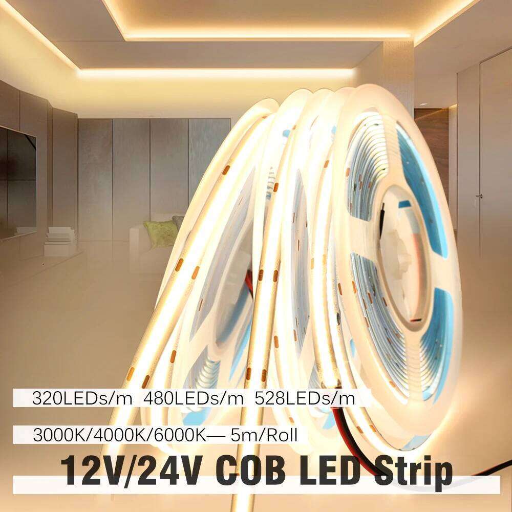 3000K 4000K 6000K Brightness COB Light DC12V 24V 320 480 528LEDs/m High Color Rendering 5m/lot LED Strip Z260226