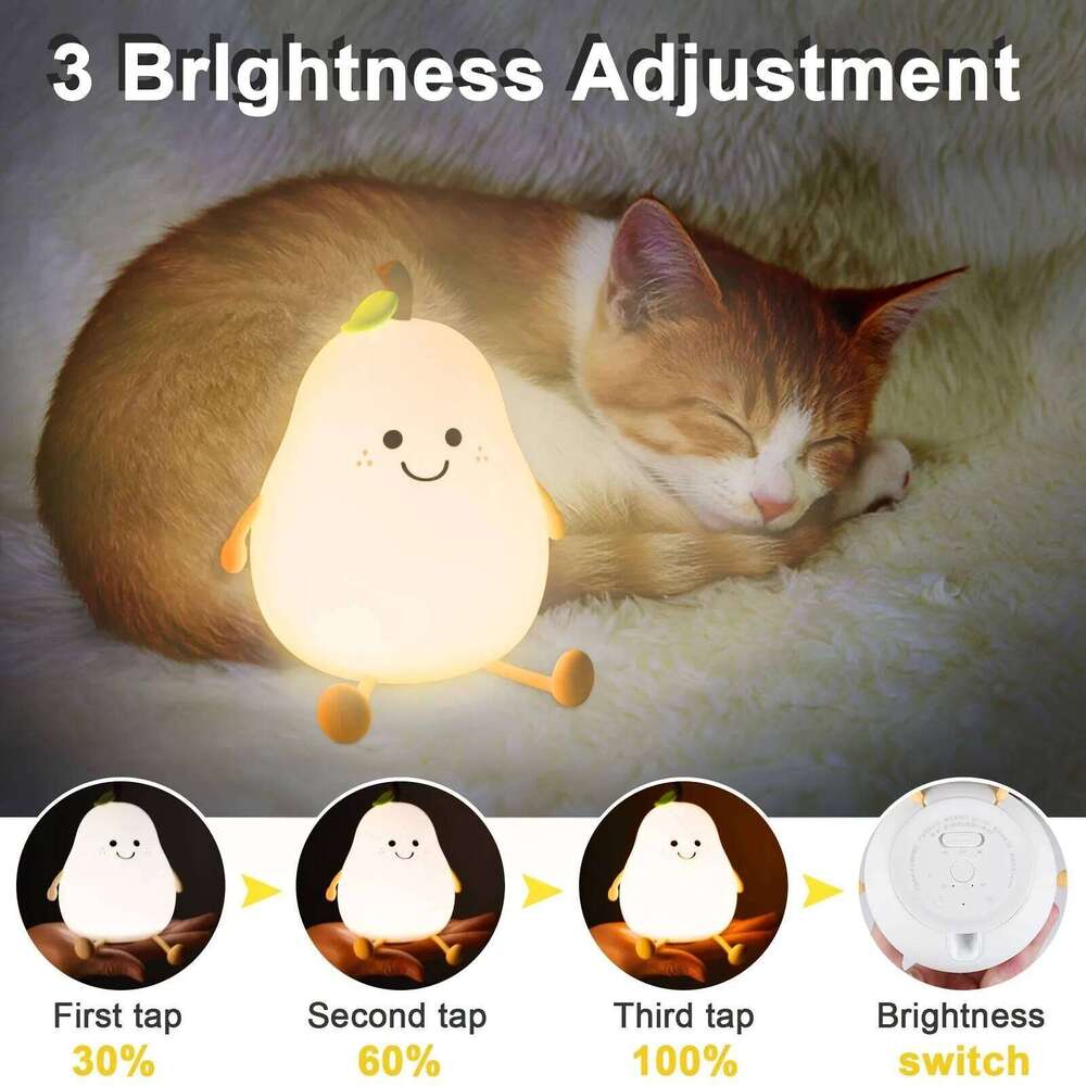 1pc Cute Pear 7-Color Dimmable Touch-Controlled Night Light Silicone Stress Reducing Pat Lamp USB Rechargeable Z260227