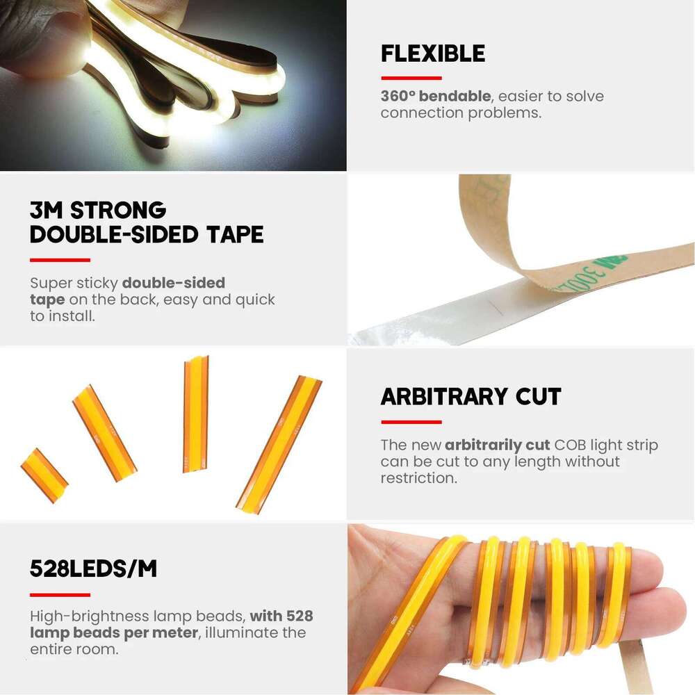 Free Cut LED DC 12V 24V Super Bright 528LEDS/M Self Adhesive Flexible Ribbon Strip Light For Home Decor 0.5M 5M 10M Z260226