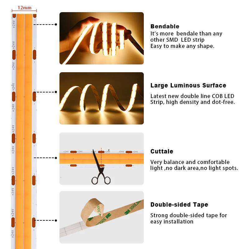 Super Bright COB LED Strip 2000lm/m Double Row 600 LEDs/m Flexible Dimmable Led Tape RA90 3000K 4000K 6500K 24V Kitchen Lighting Z260226