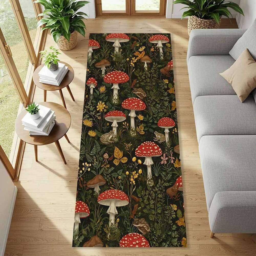 Forest Frog And Mushroom Runner Rug, Whimsical Toadstool Carpet, Dark Woodland Plants Mat, Enchanted Nature Floor Art H260226