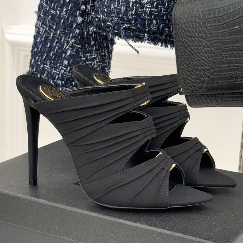 26SS New Women EMILIE MULES IN SATIN CREPE Famous Designer High Heel Sandals Silk Fabric Metal Decoration 11cm Thin Heel Woman Sandals