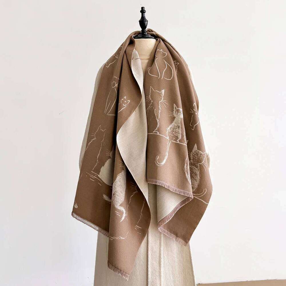 New Luxury Winter Cashmere Little Cat Print Scarf Women Warm Pashmina Poncho Scarves Fashion Shawl Thick Foulard Bufanda Z260226