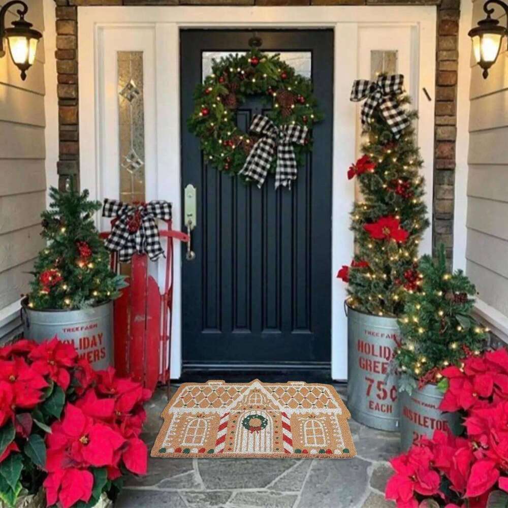 Gingerbread House Entrance Door Non-Slip Rug Festive Atmosphere Winter Mat for Bathroom Christmas Decoration H260226