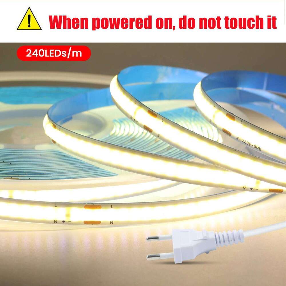 AC 220V 110V COB Strip 240LEDs/M 3000K 4000K 6000K 5M 10M 15M 20M EU/US Flexible Ribbon Rope LED Light For Home Decor Z260226