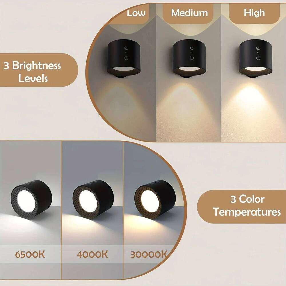 1pc Rechargeable Light Indoor, Brightness Levels 3 Color Modes Bedside Lamp, 360 Rotatable Touch Control Wall Lamps, Wal Z260227