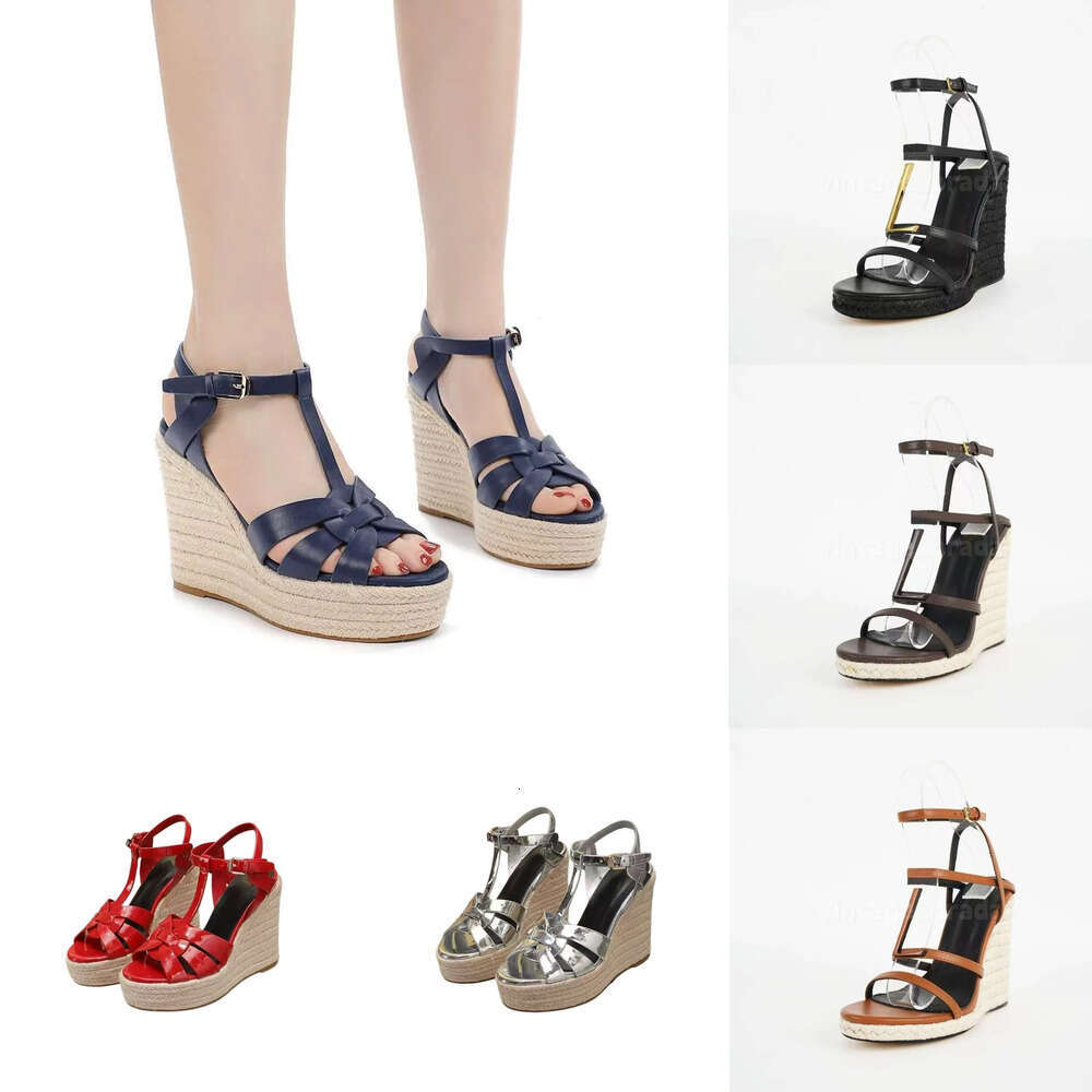 Top Designer shoe woman traw weaving wedges Round toe open toe sandals Platform shoes Ankle Strap High heel genuine leather fashion Casual holiday summer sandals