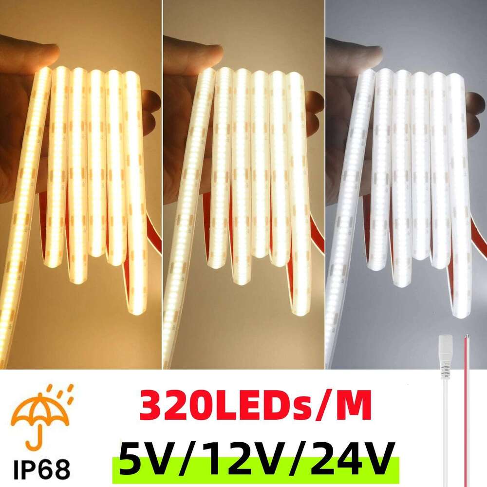 5V 12V 24V COB LED Strip Light 320LEDs/M IP68 Silicone Tube Waterproof Adhesive Tape RA90 Linear Lighting 3000K 4000K 6000K Z260226