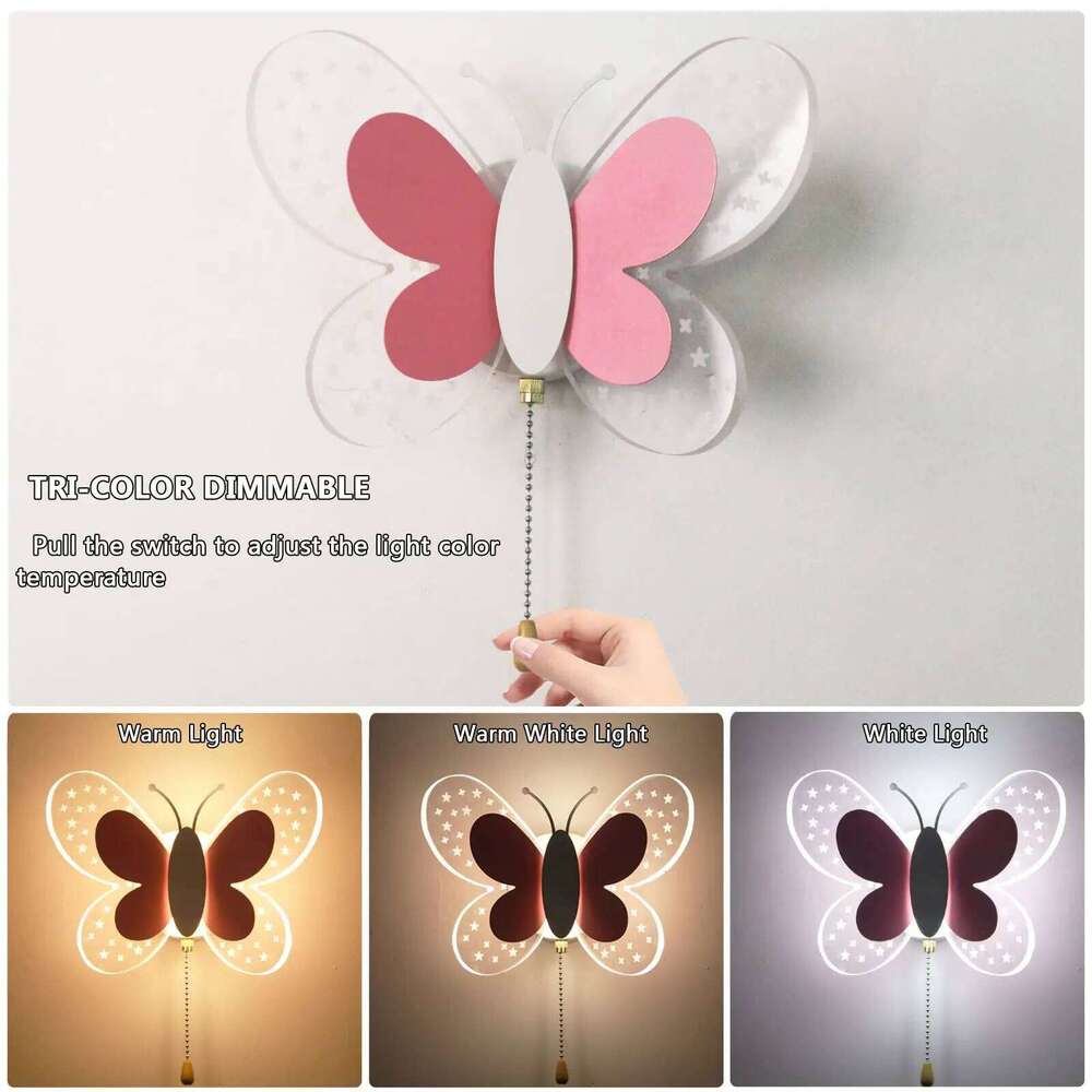 Creativity Butterfly Children's Lamp Pink Pull Switch Wall Sconces Indoor Bedside Room Aisle Decorative Lights Z260227