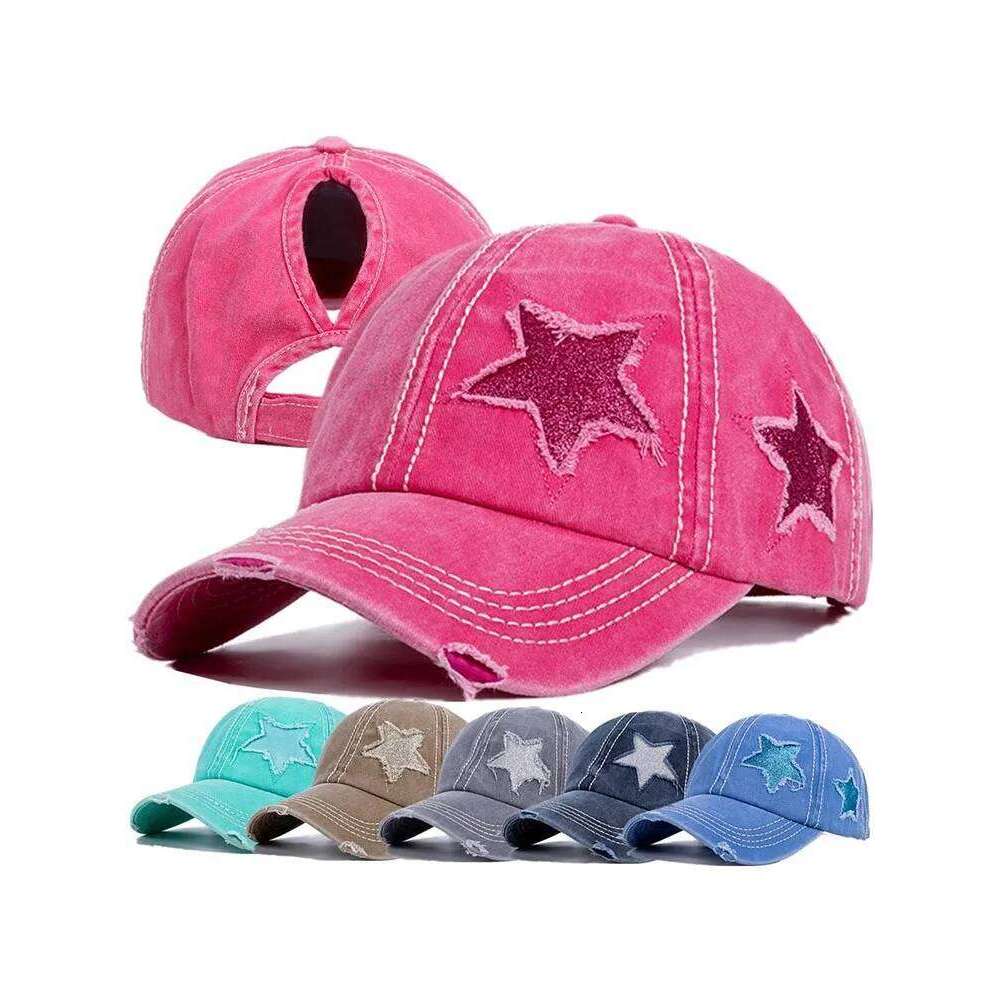 2024 New High Ponytail Baseball Cap for Women Snapback Hat Bone Hip Hop Adjustable Distressed Star Dad Hats Casquettes Femmes Z260226