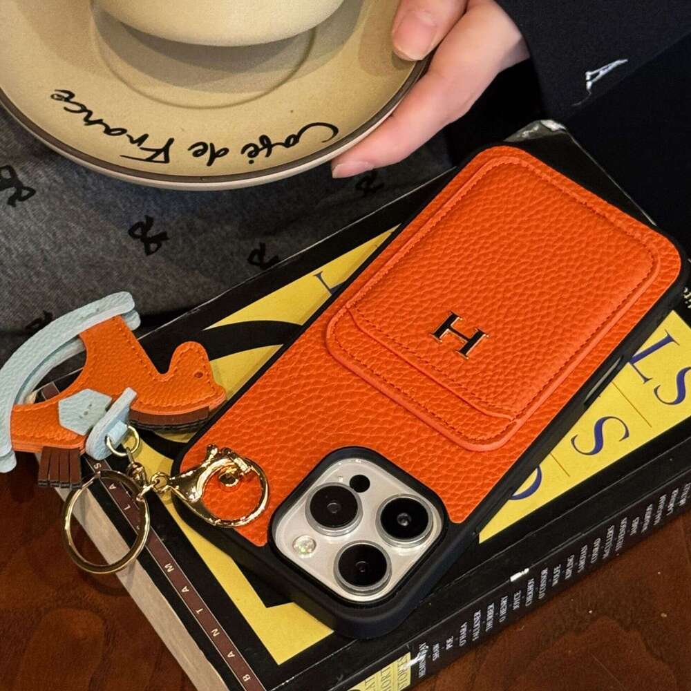 Luxury phone caseNew Card Slot + Rocking Horse iPhone 17 Lychee Texture Genuine Leather Feel Compatible with Samsung S25 Protective Case