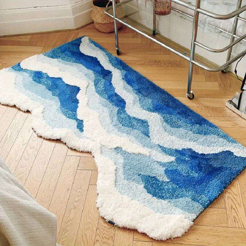 Blue Sea Wave Flocking Bedroom Rug Corridor Area Floor Pad Mat Doormat Aesthetic Home Decor H260226