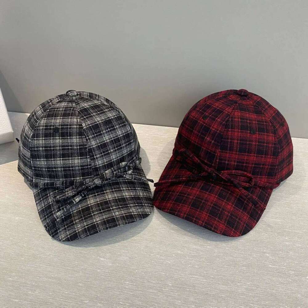 Woolen Cloth Versatile Check Baseball Cap Spring Autumn Outdoor Warm Lace-up Bow Shading Adjustable Women's Sports Hat Z260226
