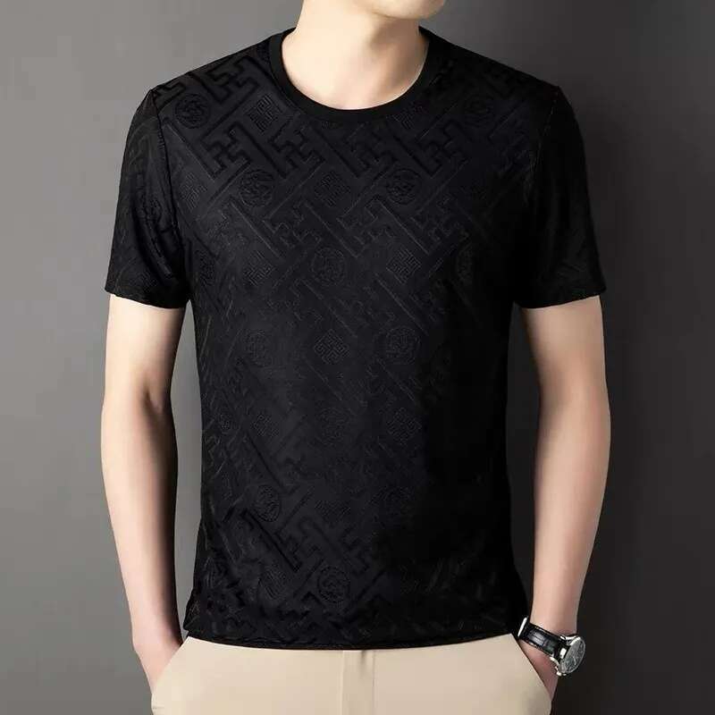 Men's T-shirt Ice Silk Jacquard Crew Neck Teal Color For Temperament Retro Pattern Lightweight Breathable Clothing Daily Outfit