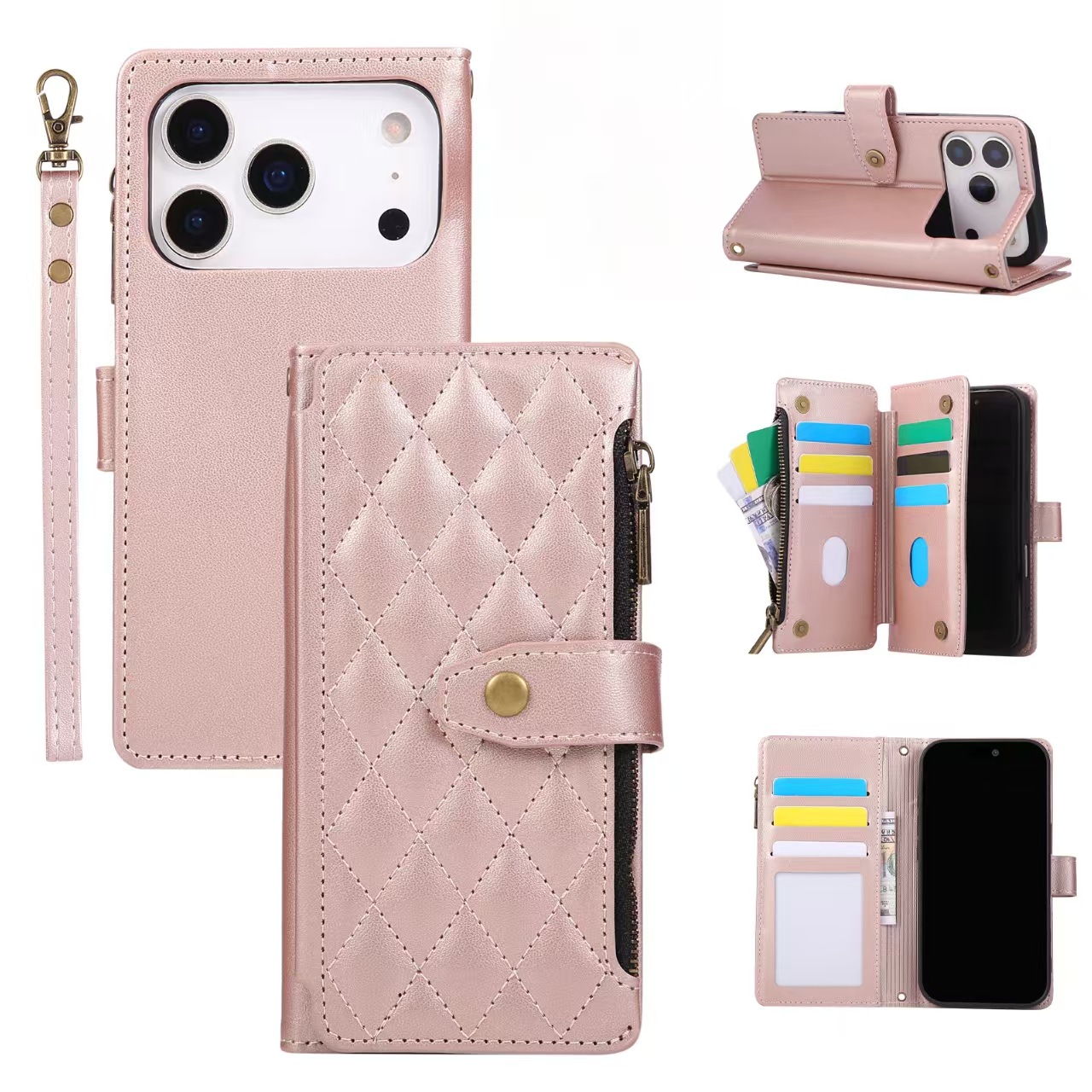 Small fragrant rhombus mobile phone case flip zipper can hold cards Apple 12-17 series leather protective case