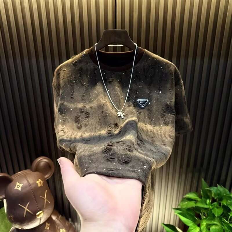 Mardi Hefxessdr Summer Men's ort Youth Luxury round Hole Punch Trendy Cotton Polyester Blend Casual Wear T-Shirt sleeved summer men's clothi