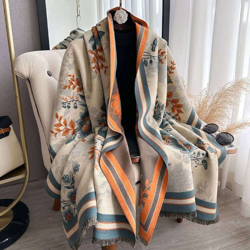 Elegant Flowers Jacquard Pashmina Imitation Cashmere Winter Thick Warmth Two-Sided Shawl Coldproof Windproof Blanket Scarf Z260226