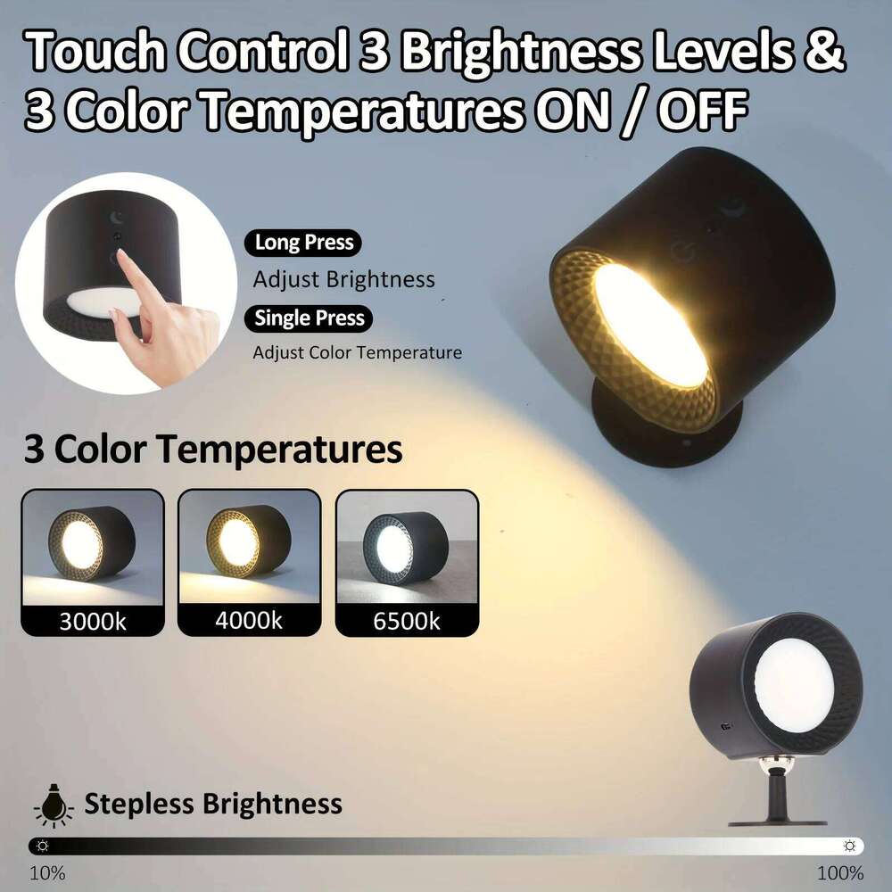 1pc Rechargeable Light Indoor, Brightness Levels 3 Color Modes Bedside Lamp, 360 Rotatable Touch Control Wall Lamps, Wal Z260227