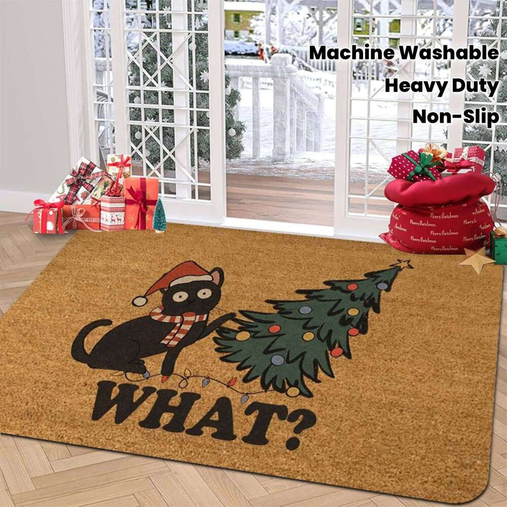 VIKAMA Black Cat and Christmas Tree Pattern Rug Bedroom Entryway Doormat Soft Comfortable Floor Mat Home Decor H260226