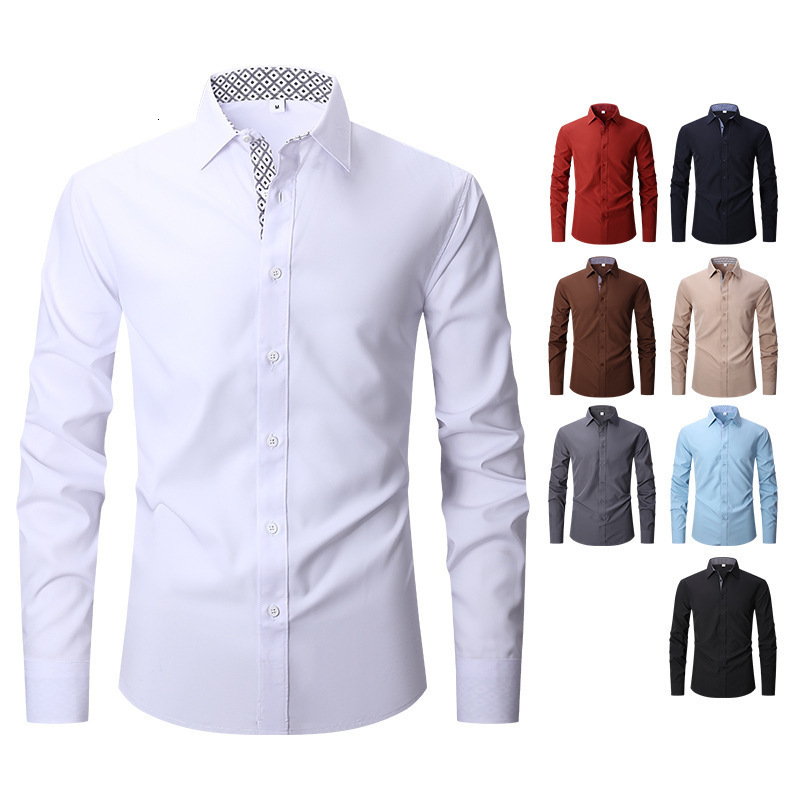 Beige Mens Solid Shirts Long Sleeve Fashion Casual Social Dress Shirt for Wedding Party Men Clothing 250919