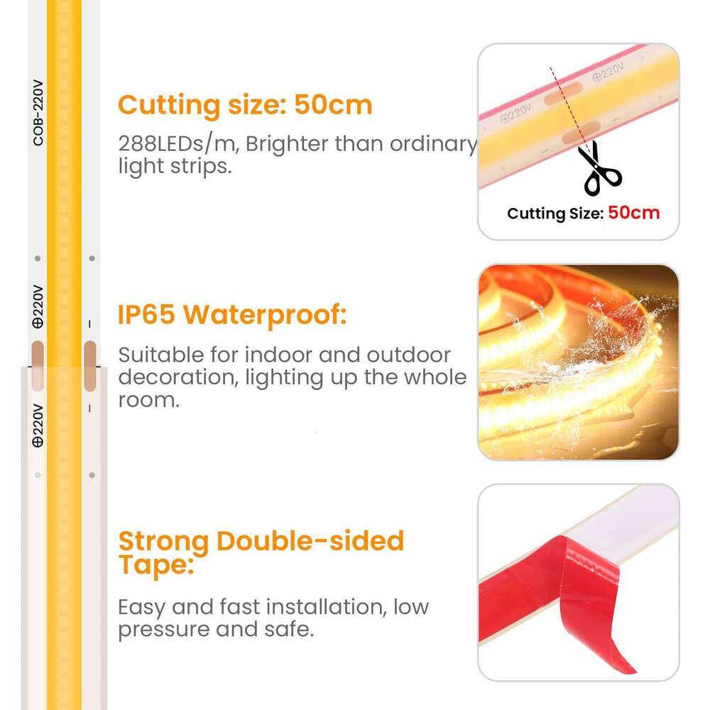 AC 220V COB Neon Strip 4000K 6000K 3000K Warm/Natural Whit Waterproof Self Adhesive Home Decor Flexible Ribbon Rope Light Z260226