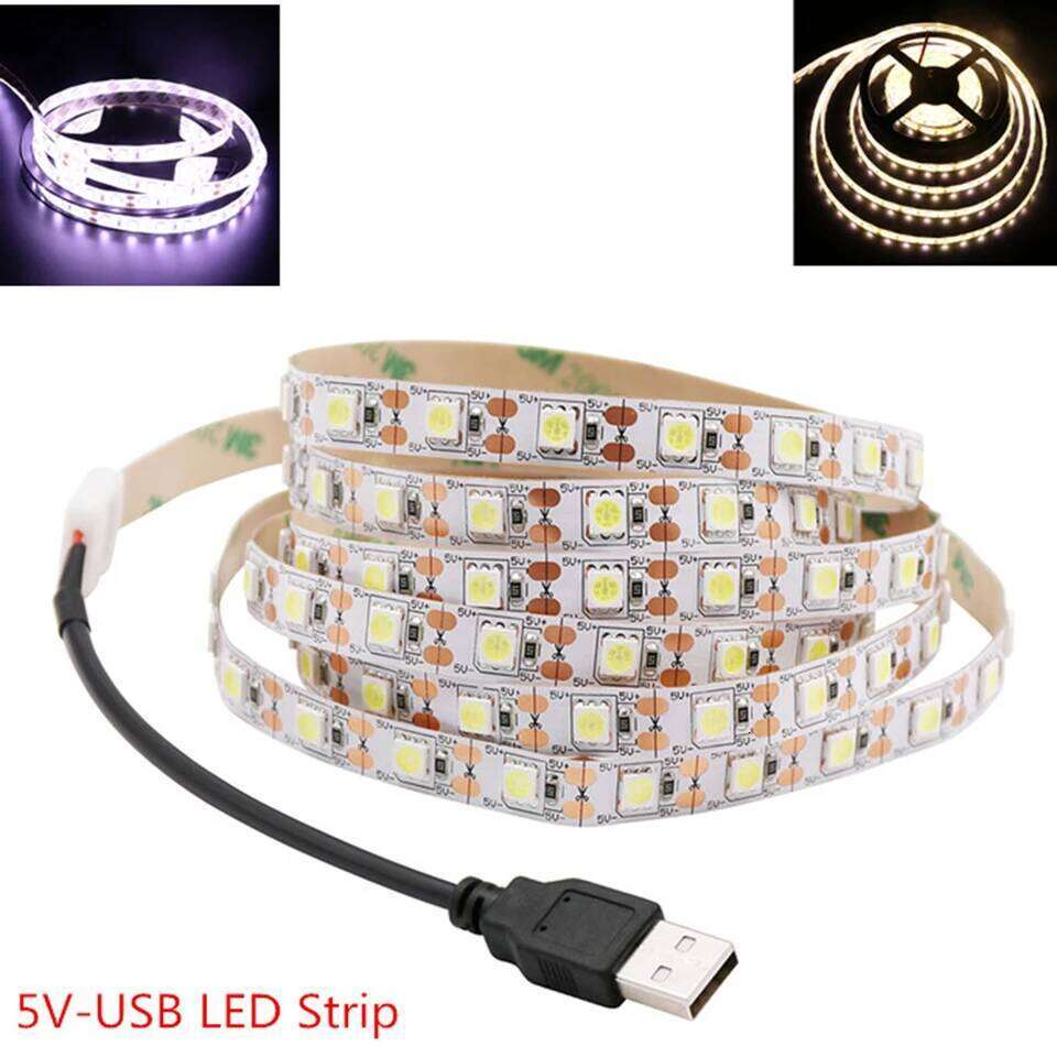 5V LED Strip 5050 Cold white/Warm white TV Background Lighting 60LEDs/m USB Clip Connector 30cm 50cm 1m 2m 3m 4m 5m Set. Z260226