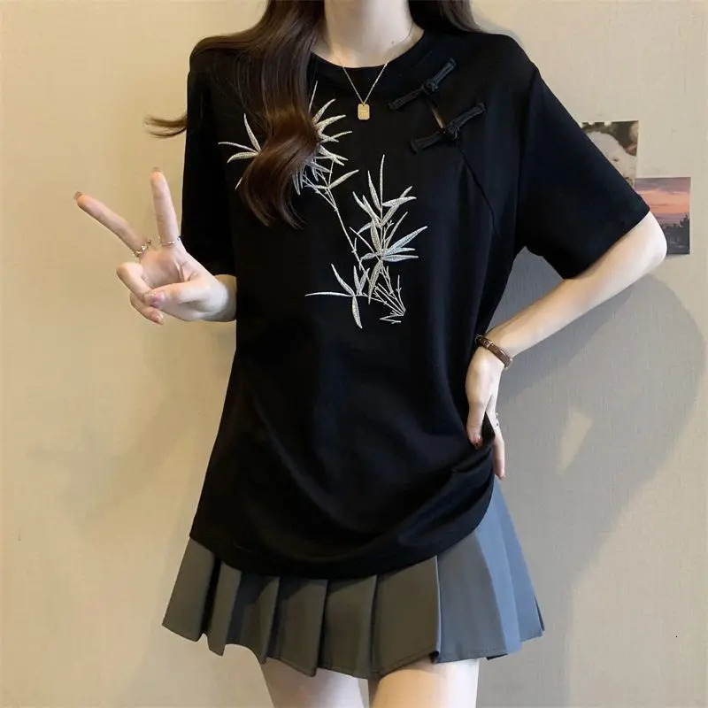 Chinese Style Bamboo Embroidery Frog Button Short Sleeve Tshirt Womens Summer Loose Slim Top 260227