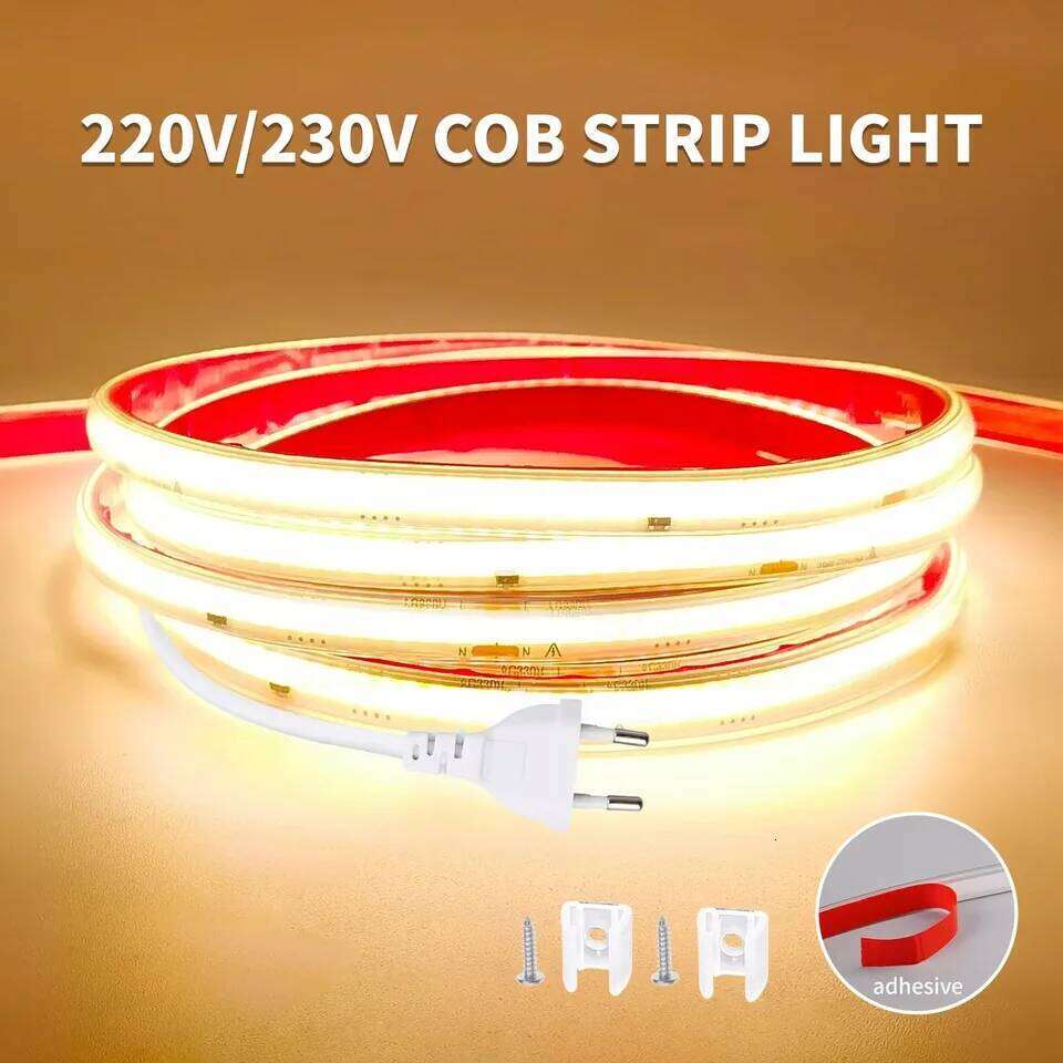 AC 220V IP65 Waterproof COB Strip Lights Super Bright 296 LEDs/m Flexible LED Tape With EU Plug 230V Outdoor Linear Lighting Z260226