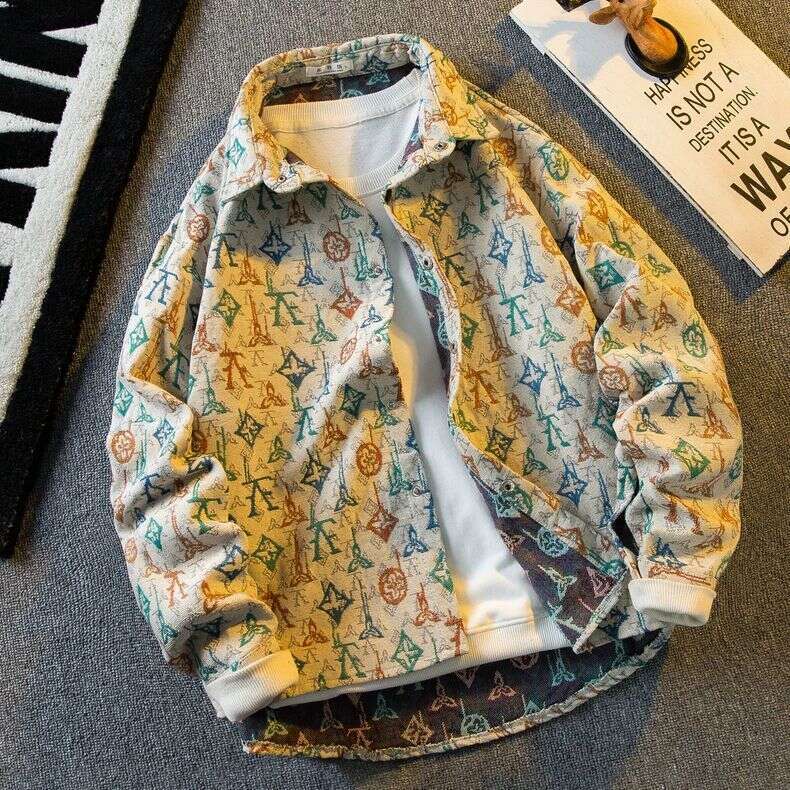 Vintage Retro Jacquard Full-Print Long-Sleeve Shirt, Men's Spring And Autumn Turn-Down Collar Shirt Jacket