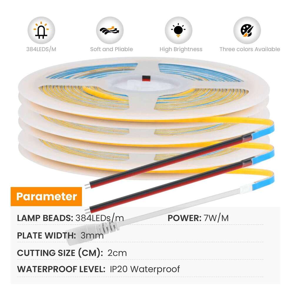 Narrow Width 3MM DC 12V 24V COB Strip 384Leds/M 3000K 4000K 6000K Warm/Natural White Home Decor Flexible Ribbon Rope LED Light Z260226