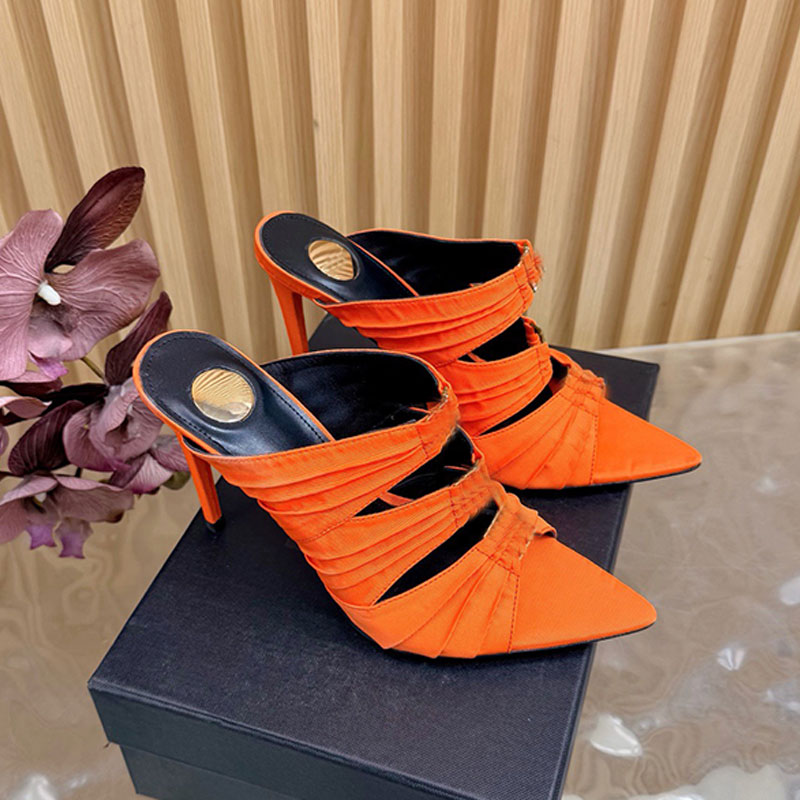 High quality Designer EMILIE MULES IN SATIN CREPE Womens almond open toed high heeled sandals with calf leather fabric 11cm slim heel outsole Travel vacation shoes