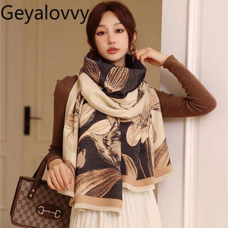 Korean Style Color Block Printed Fashion Imitation Cashmere Scarf for Women Autumn Winter Versatile Elegant Neck Warmer Shawl Z260226