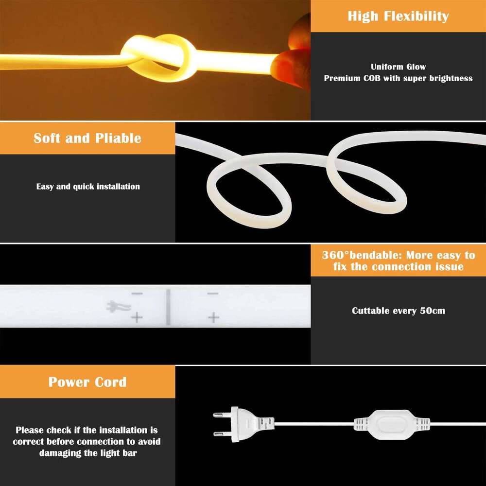 220V COB Strip Light IP65 Waterproof LED With Power Plug 288LEDS/m Flexible Warm/Neutral/White Ribbon Tape Room Decor Z260226