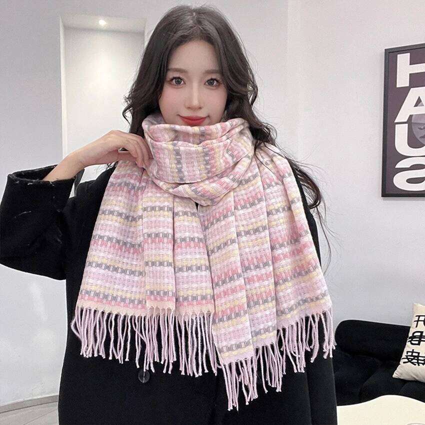 1pc Women's Rainbow for Autumn Winter, Stylish Warm Plaid Tassel Scarf Shawl, Sweet and Versatile Thick Neck Z260226