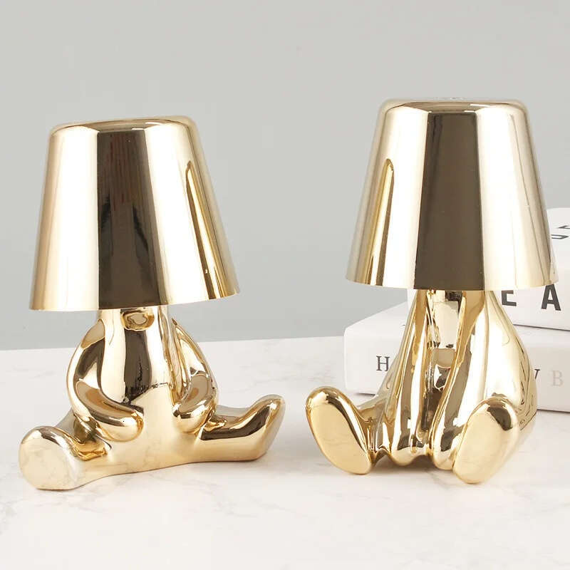 Gold Man Thinking Figurine Night Bar Coffee Shop Decor Atmosphere Light Bedside Table Lamp Z260227