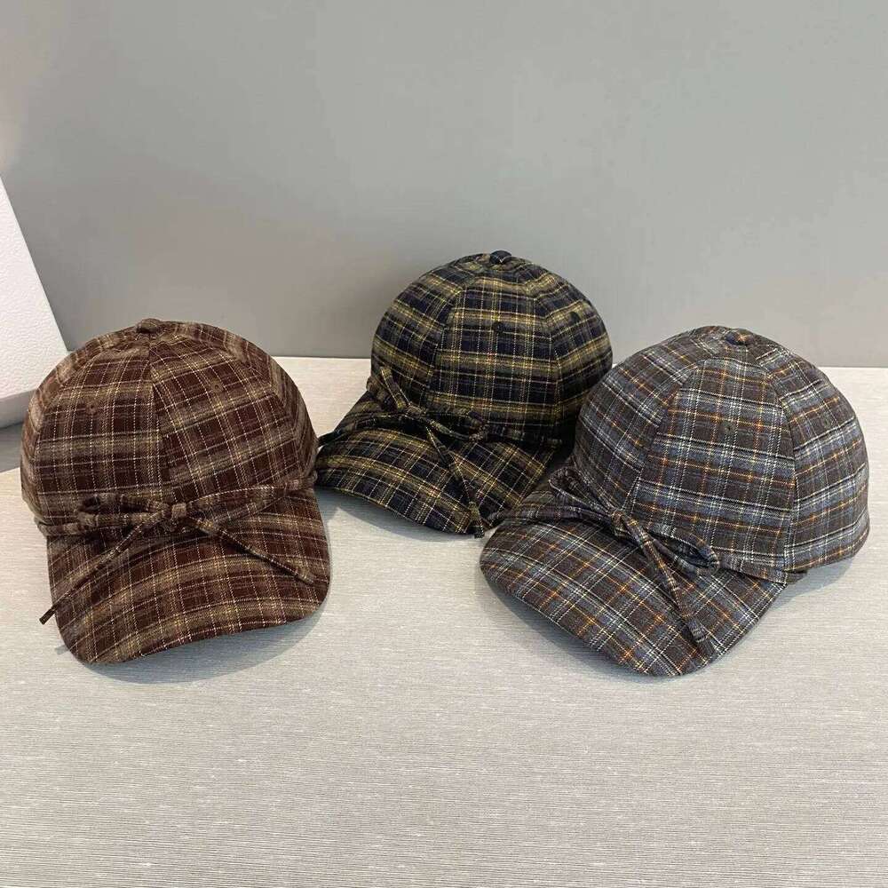 Woolen Cloth Versatile Check Baseball Cap Spring Autumn Outdoor Warm Lace-up Bow Shading Adjustable Women's Sports Hat Z260226