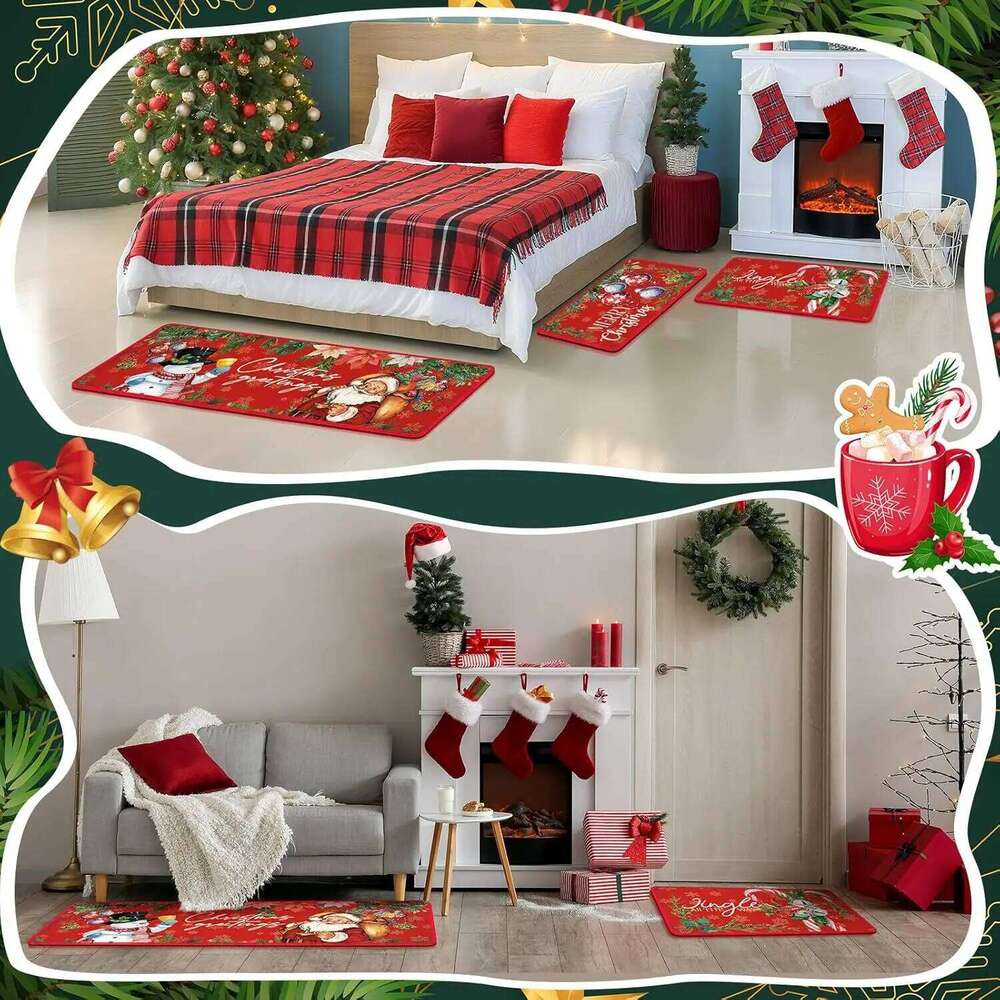 VIKAMA 3PCS Christmas Floor Mats - Entry Door Kitchen Carpets, Anti-Slip Water Absorbing Bath Mats, Home Decor H260226
