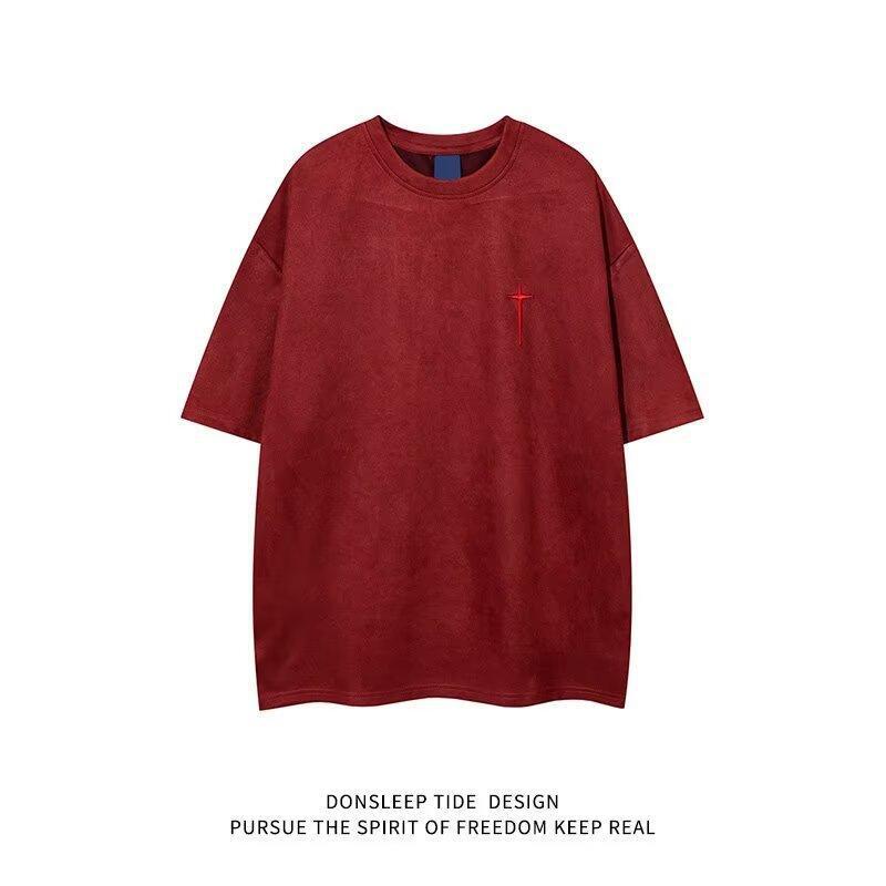 Luxury Brand Designer Clothes 2025 Suede Short-Sleeve T-Shirt For Men, Summer American Style, Heavy-Duty Embossed Oversize Loose Half-Sleeve Trendy Te