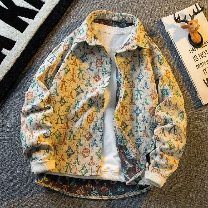 Vintage Retro Jacquard Full-Print Long-Sleeve Shirt, Men's Spring And Autumn Turn-Down Collar Shirt Jacket