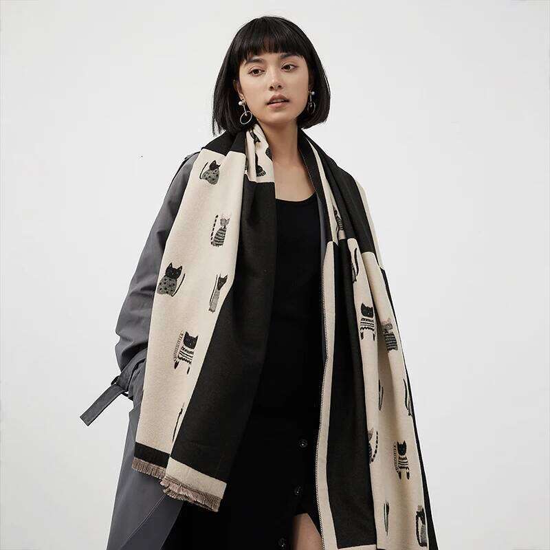 New Fashion Brand Cute Cat Ladies' Jacquard Pashmina Cashmere Winter Thick Warmth Shawl Coldproof Windproof Blanket Scarf Z260226