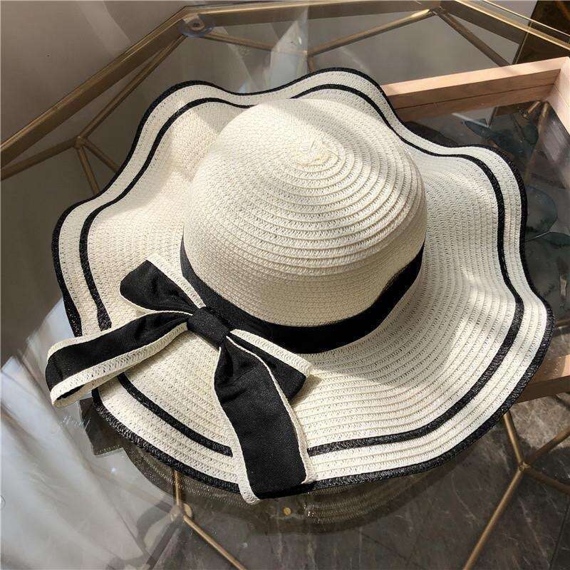 Fashion Accessories Hat Women's Elegant Wavy Brim Straw Floppy Hat with Black Bow UV Protection for Summer Trips Pool Parties Holiday Beach