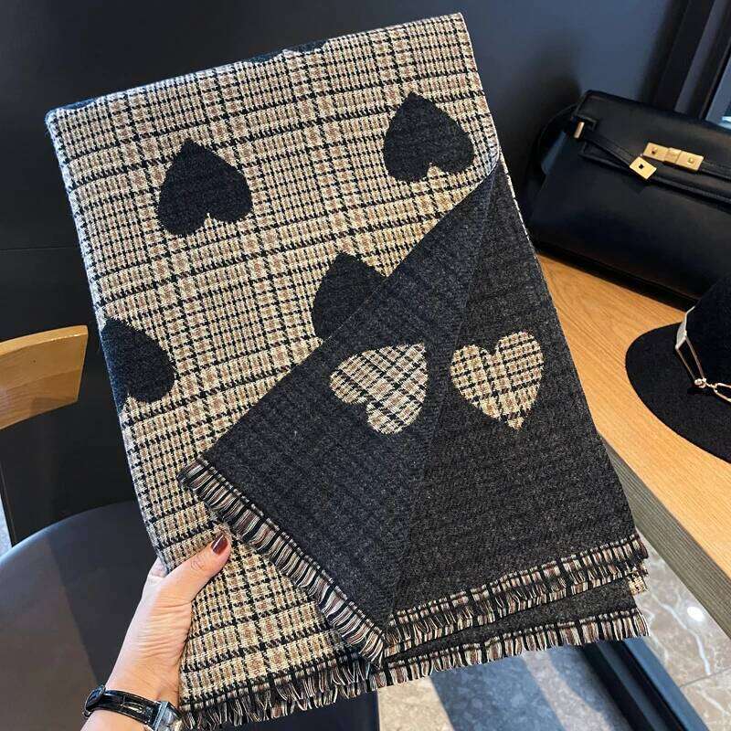2024 New Double Side Cashmere Winter Women's Love Heart Plaid Ladies Long Thickened Warm Knitted Scarf Hijab Stole Z260226