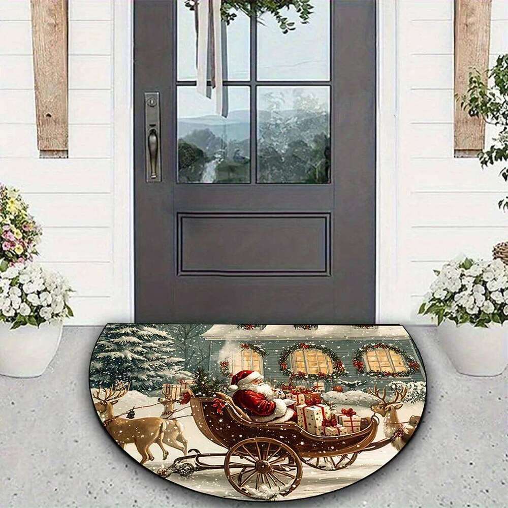 VIKAMA Christmas Theme Half Round Entry Rug Sleigh Reindeer Print Foyer Entryway Living Room Festive Decoration Home Floor Mat H260227 - view 3