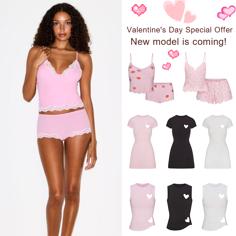 Women Kardashian same style sleep Valentine Day red lip wooden ear pendant tank top and shorts set Hollow heart and long pants set