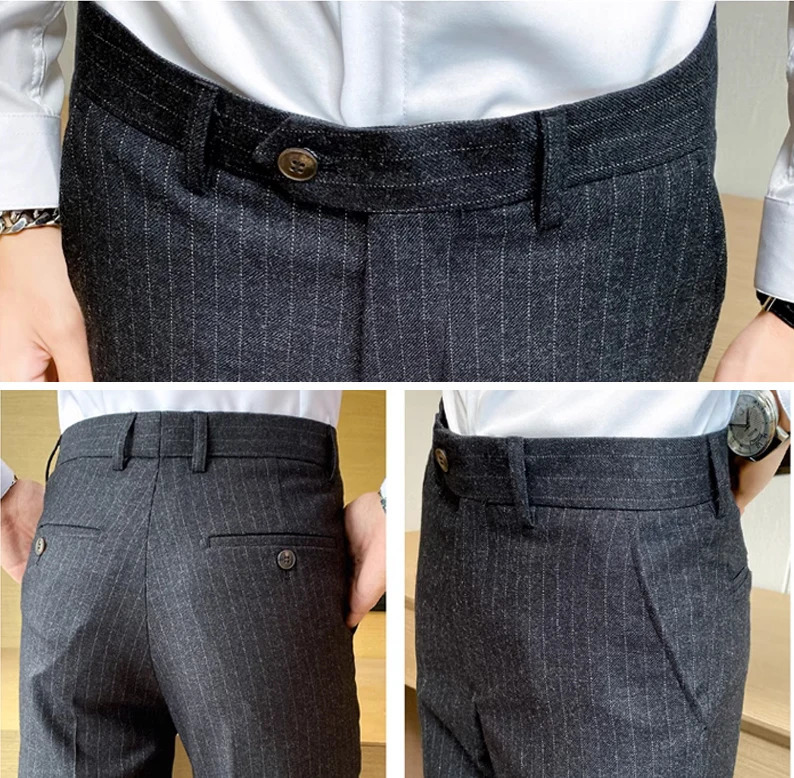 Boutique Fashion Solid Color Plaid Striped Mens Casual Business Office Formal Suit Pants Grooms Wedding Dress Trousers 260227