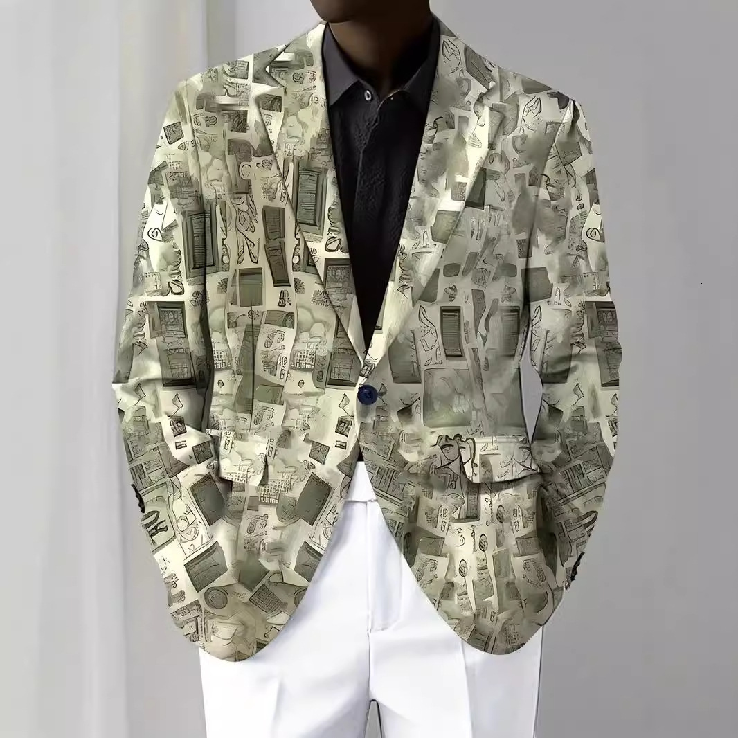 2024 Autumn New Style Color-Block Print Hip-Hop High Street Style Notched Collar Long Sleeve Blazer 240701