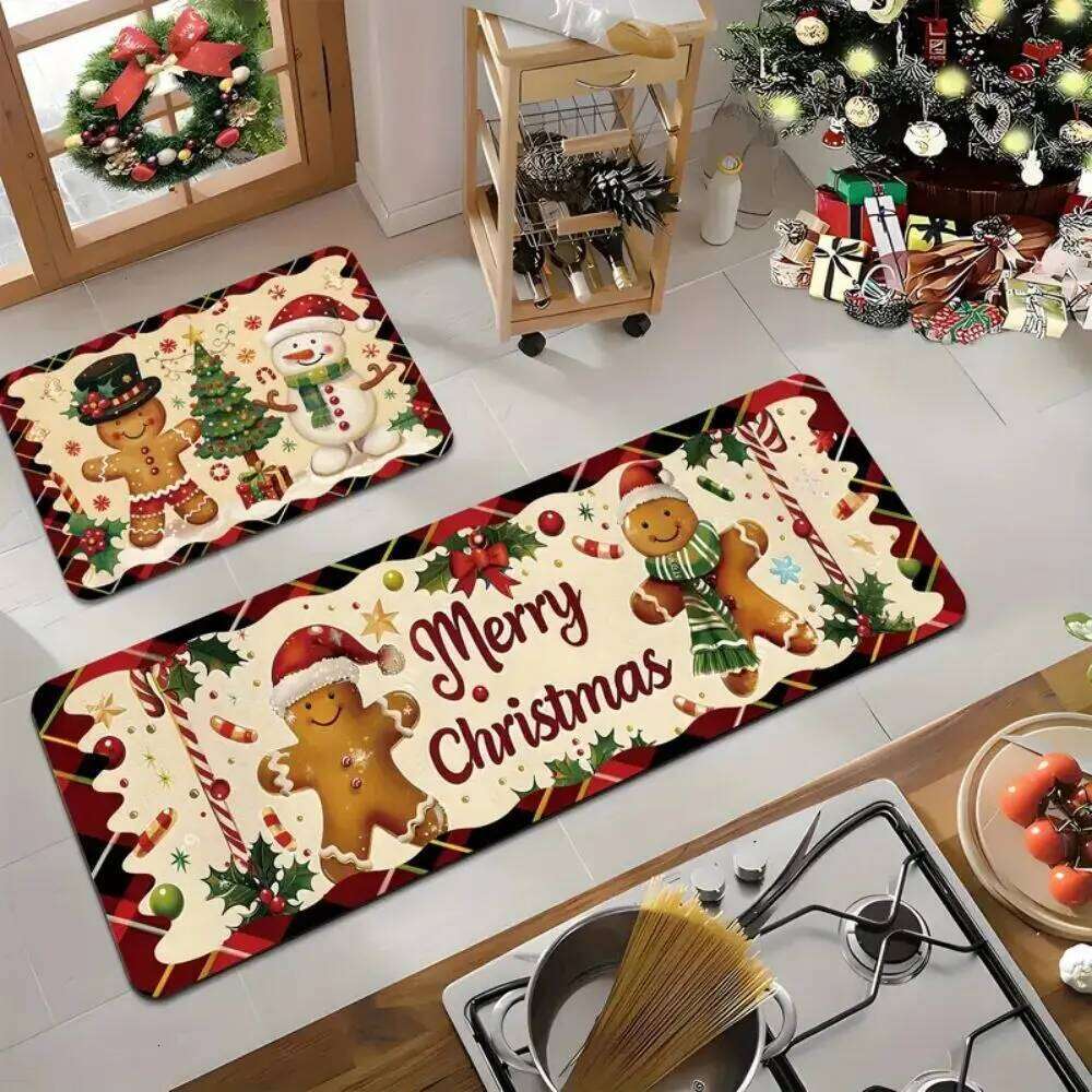 VIKAMA Christmas Two-Piece Set Kitchen Runner Rug Bathroom Shower Mat - Absorbent & Non-Slip Home Decor H260226