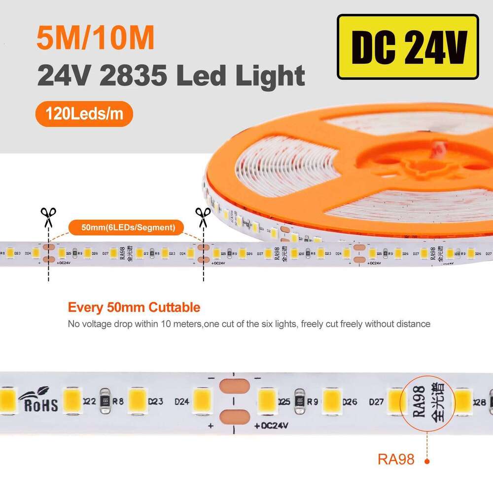RA98 High CRI LED Strip SMD 2835 120LEDs/M DC 12V 24V IP20 Flexible Ribbon Light 5M 10M 2700K 3000K 4000K 5000K 5500K 6000K Z260226