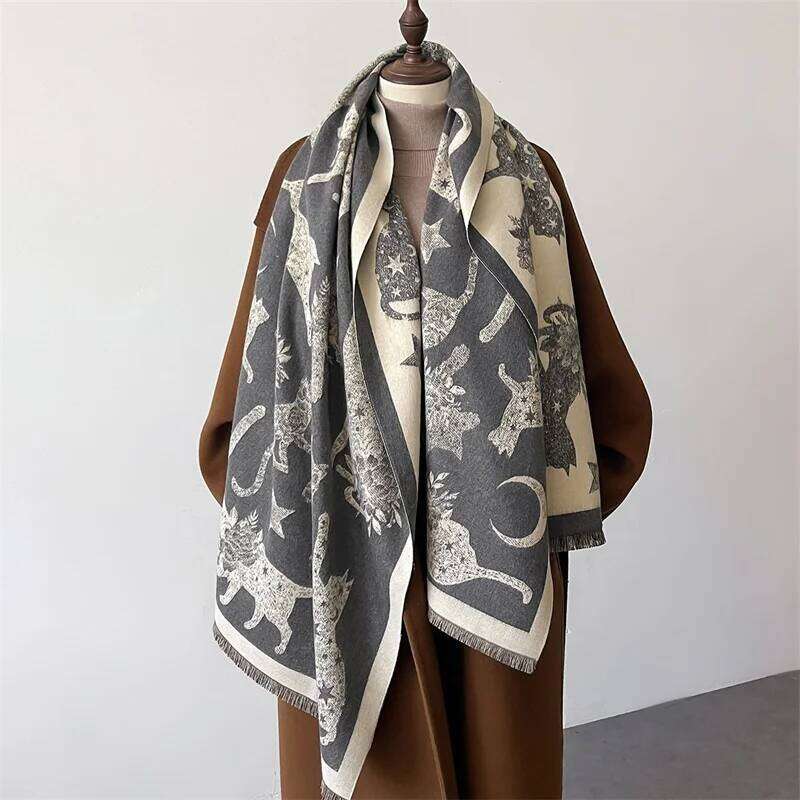 Warm Winter Blanket Cashmere Scarf for Women Design Cat Print Thick Pashmina Shawls and Wraps Bufandas Female Poncho Echarpe Z260226